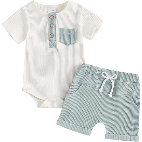 fhutpw Baby Boy Clothes Short Sleeve Romper & Shorts Sets Newborn 3 6 12 Months Summer Knitted Ribbed Splicing Color Outfits
