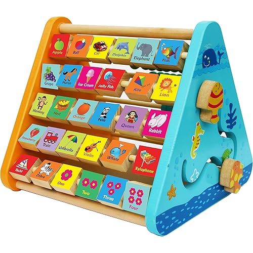 TOWO Wooden Activity Centre Triangle Toys - flip Flop Alphabet Blocks Abacus Clock - Activity Cube for Toddlers 5 in 1- for Babies Montessori Learning-Wooden Toys for 1 Year Old