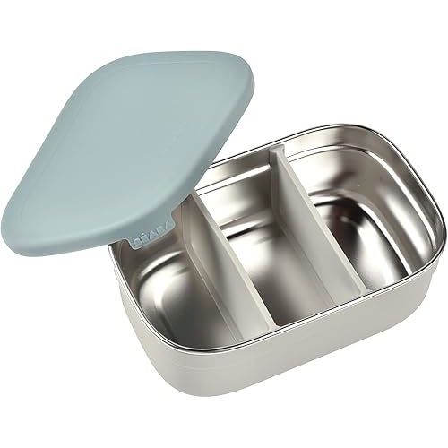 Beaba Stainless Steel Lunch Box, Kids Lunch Box with Silicone Lid, Bento Style Food Containers, Removable Silicone Dividers Make 1-3 Compartments, Rain