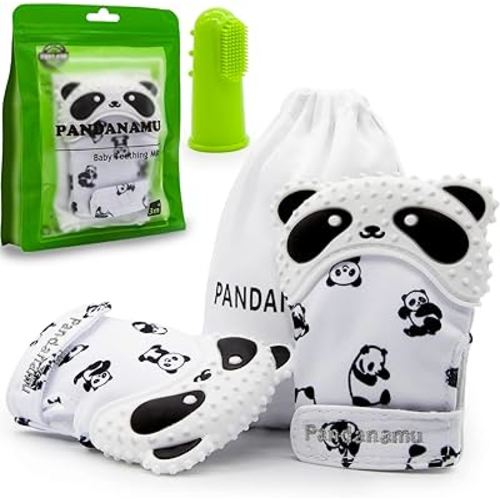Baby Teething Mitten Panda Teether Mitten with Baby Toothbrush & Massager Teething Glove Mitt Infant Toy(2 Mittens with Toothbrush)