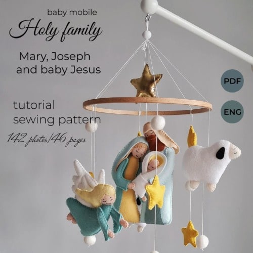 Felt baby mobile nativity scene with Mary Joseph Jesus, PDF pattern tutorial, Step by step