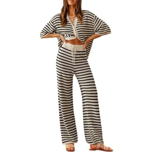 Tankaneo Womens Knit 2 Piece Lounge Sets Striped Short Sleeve Tops and Wide Leg Pants Travel Airport Vacation Outfits