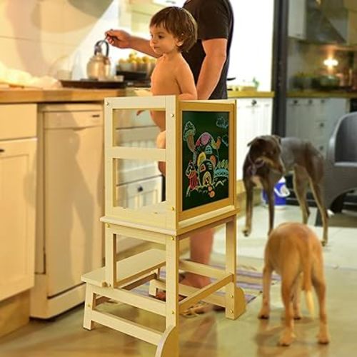 Toddler Kitchen Stool Helper, Step Stool for Kids with Chalkboard Safety Rail for Toddlers 18 Months and Olde