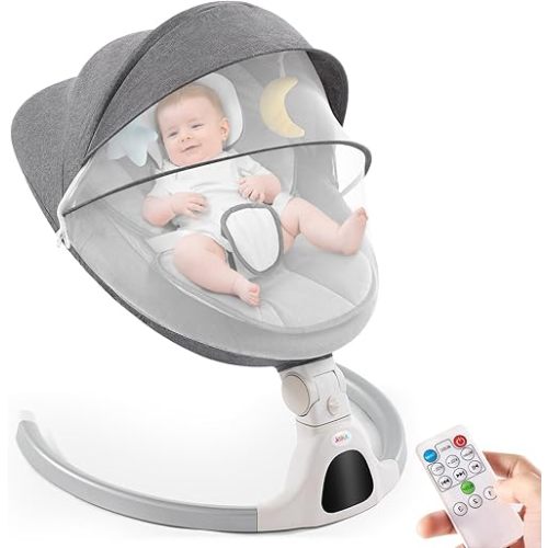 Jaoul Baby Swing for Infants - Electric Portable Newborn Bouncer With Bluetooth Touch Screen/Remote Control, Timing Function, 5 Speeds, 3 Seat Positions for Boys and Girls (Gray)
