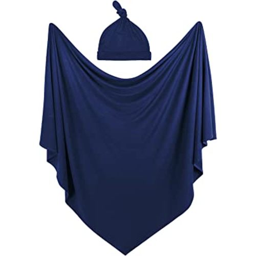 OWLOWLA Swaddle Blanket and Hat Set Newborn Swaddle Wrap Baby Receiving Blanket for Baby Boys Girls(Navy)