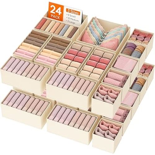 Lifewit 24 Pack Drawer Organizer, Dresser Underwear Drawer Organizer Bins, Foldable Fabric Closet Organizers, Storage Drawer Dividers, Dorm Room Essentials for Clothing, Socks, Towels, Ties Khaki