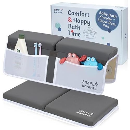 Simply Parents Comfortable Baby Bath Kneeler and Elbow Rest Pad Set - Quick-Dry Non-Slip Bath Kneeling Pad for Bathing Baby, Baby Bath Time Essentials for Newborn, Baby Bath Accessories for Tub, Gray