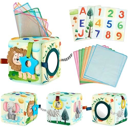Wernnsai Baby Tissue Box Soft Montessori Toys for Babies 6-12 Months High Contrast Crinkle Sensory Toys with 4 Crinkle Tissue & 8 Silk Scarves for Newborns Infants Early Learning Gift