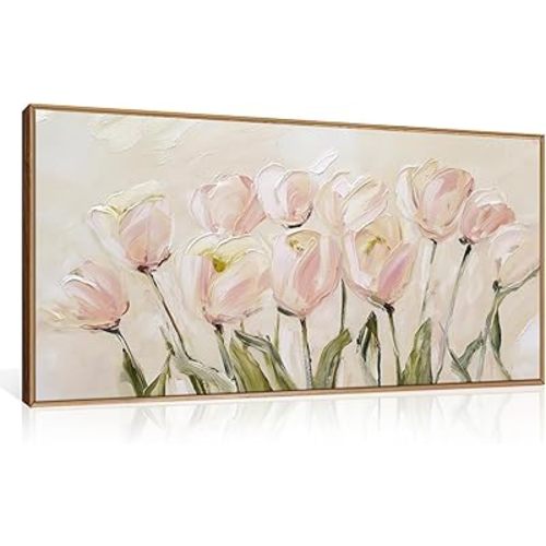 CHDITB Tulip Floral Framed Canvas Wall Art, 20"X40" Watercolor Flower Pink Tulip Textured Oil Painting, Modern Wildflower Wall Decor, Large Pink Floral Artwork for Living Room, Bedroom, Office