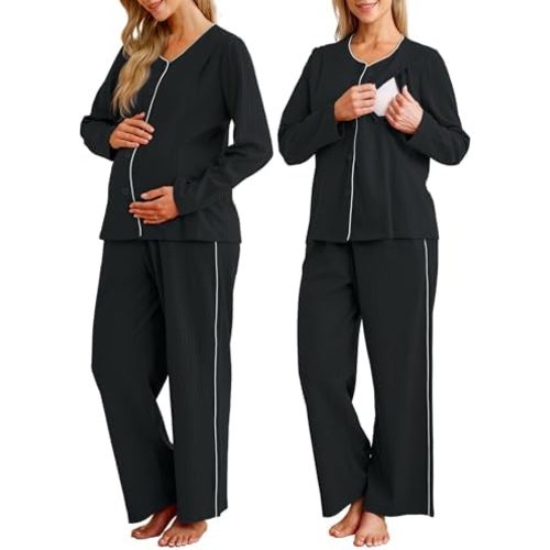 OUGES 100% Cotton Women's Maternity Nursing Pajamas Sets Button Down Breastfeeding Loungewear Top & Pants with Pockets