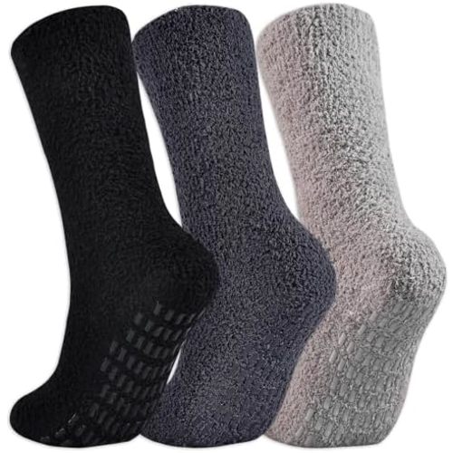 JORMATT 3 Pairs Ultra Thick Grip Fuzzy Socks Non Skid Slipper Hospital Socks Unisex