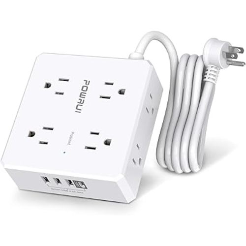Surge Protector Power Strip - 6 Ft Flat Plug Extension Cord with 8 Widely Outlets and 4 USB Ports(1 USB C), 3 Side Outlet Extender for Home Office, White, ETL Listed
