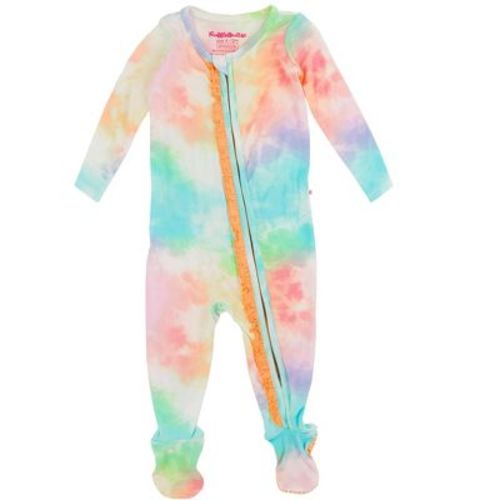 Rufflebutts Softsnooze Viscose From Bamboo Baby Girls Ruffle One Piece Footie Pajama - Rainbow Tie Dye, 0-3m