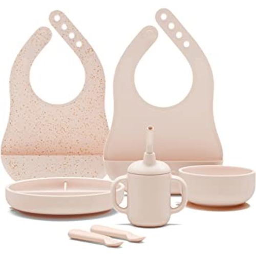 Lalo First Bites Silicone Baby Feeding Set - Baby Led Weaning Supplies - Non-Toxic Silicone - Includes 2 Bibs, 2 Spoons, Training Cup, Suction Plate and Bowl - 6 Pieces - Grapefruit