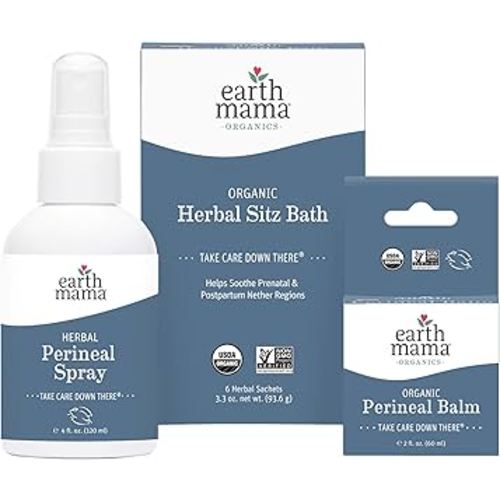 Earth Mama Postpartum Recovery Kit, Take Care Down There® Trifecta with Organic Perineal Balm, Sitz Bath & Herbal Peri Spray, 3-Piece Set