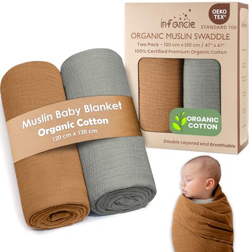 infancie Organic Cotton Muslin Baby Blanket - 47x47 Inch Breathable Swaddle, Hypoallergenic Double-Layer, Versatile Use (Gold/Sage)