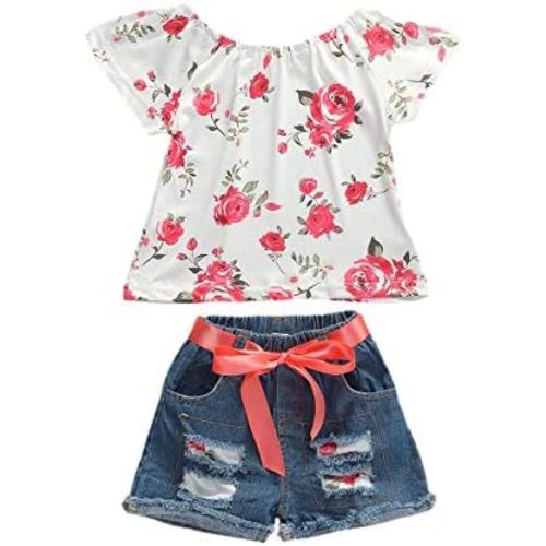 Baby Toddler Girls Floral Short Sleeve Tops T-Shirt Vest & Denim Shorts Set Kids 1T 2T 3T 4T 5T 6T Clothes Summer Outfits