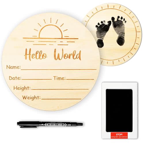Baby Announcement Sign,5.9" Hello World Baby Sign with Marker Pen-Not Bleed on Wood and Ink Pad, 2 Sided Boho Sun Newborn Announcement for Nursery Hospital Baby Shower Keepsake, Newborn Essentials
