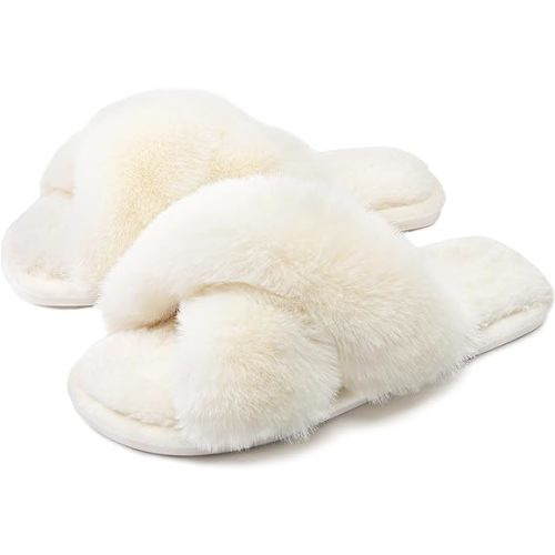 Womens Cross Band Slippers Cozy Furry Fuzzy House Slippers Open Toe Fluffy Indoor Shoes Outdoor Slip on Warm Breathable Anti-skid Sole