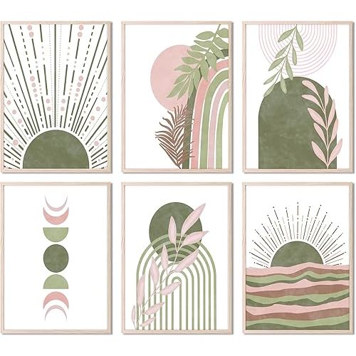RETRART Sage Green Boho Wall Art, Minimalist Wall Art Wall Decor Geometric Line Leaf Sun Moon Beige Green Canvas Artwork Paintings, Abstract Botanical Sage Gr een Boho Room Decor - 8"x10"