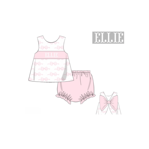 Pre-Order Hand Smocked Custom Name Pink Bow Knit Diaper Set