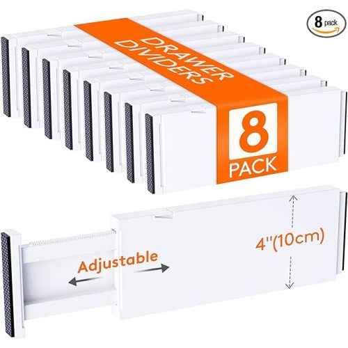 Lifewit 8 Pack Drawer Dividers Plastic 4" High, 11-17" Adjustable Drawer Organizers for Clothes, Expandable Dresser Separators in Bedroom/Bathroom/Kitchen/Fridge/Office Organization and Storage - White