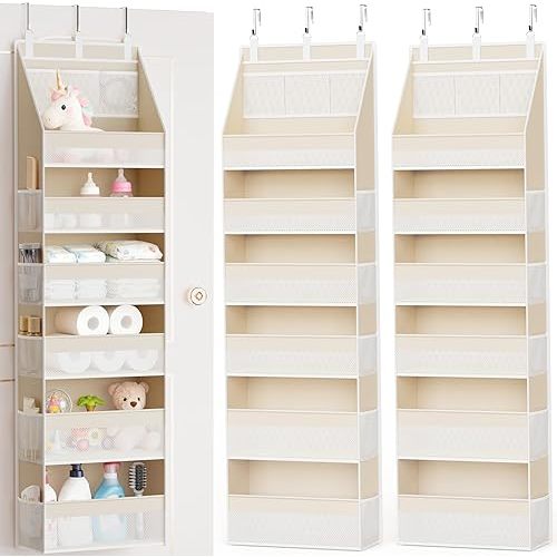 Criusia 2 Pack Over the Door Organizer, 6-Shelf Closet Hanging Storage with 13 Mesh Pockets, 55lbs Capacity Behind the Door Storage for Baby Nursery, Bathroom, Bedroom, and Dorm, Beige