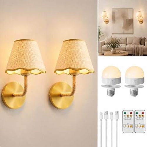 2-Pack Battery Operated Wall Sconces, Wireless Boho Rattan Wall Lamp with Stepless Dimming, Timer, 3 Color Temps, Rechargeable LED Bulbs, No Wiring Needed for Bedroom, Living Room Decor