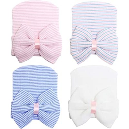 DRESHOW BQUBO 4 Pack Newborn Hospital Hat Infant Baby Hat Cap with Big Bow Soft Cute Knot Nursery Beanie