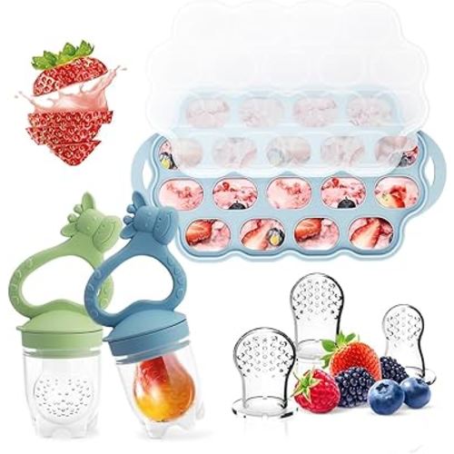 Baby Fruit Food Feeder Breastmilk Popsicle Molds for Teething Relief, Introduce New Foods, Silicone Freezer Tray with Lid, Includes 6 Food Pacifiers (Blue & Cyan)