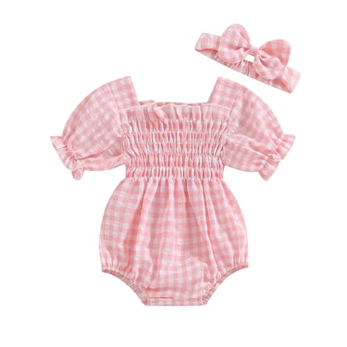 ZAXARRA Infant Baby Girl Plaid Romper Baby Pleated Romper Ruffle Festival Bodysuit Spring Summer Clothes with Headband