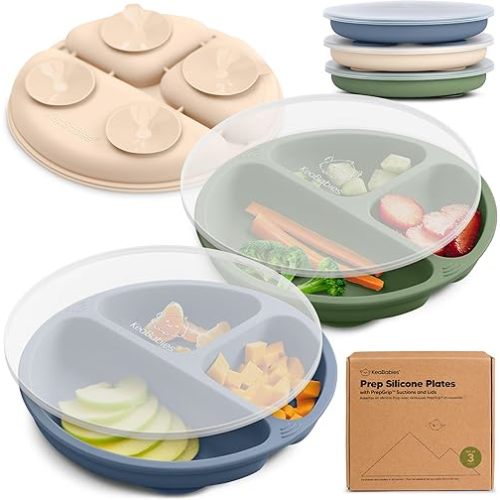 KeaBabies Suction Plates with Lids for Baby - 3-Pack 100% Silicone Toddler Plates with Suction, Divided, BPA-Free Baby Led Weaning Essentials for Kids, Dishwasher, Microwave Safe, Durable (Slate)