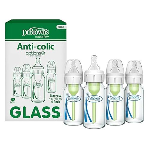 Dr. Brown's Anti-Colic Options+ Narrow Glass Baby Bottle with Level 1 Slow Flow Nipple, BPA-Free, 4 oz/120mL, 4-Pack