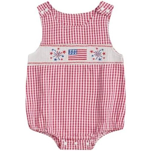 MAINESAKA 4th Of July Baby Boy Girl Romper Overalls Sleeveless Embroidery Plaid Bodysuit Independence Day Cute Summer Clothes