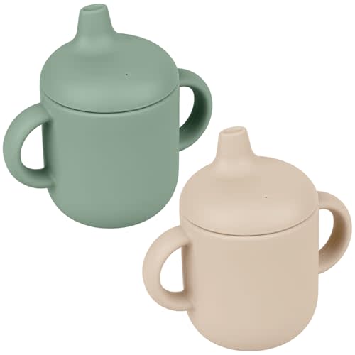 Nothomme Silicone Sippy Cups for 6-12 Months Toddlers - Pack of 2 Food Grade Silicone Training Cups with Straws and Lids Grip Handle for Baby Led Weaning, 6 oz (Sage/Sand)
