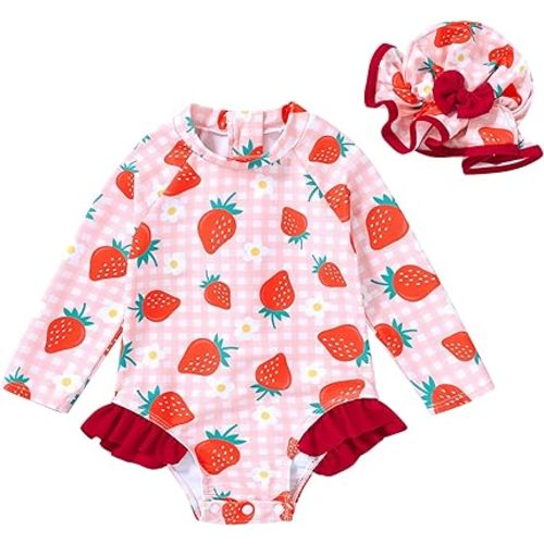 Infant Baby Girl Swimsuit One-Piece Long Sleeve Rash Guard with Hat Set Floral Zipper Bathing Suit Leopard Beach Wear