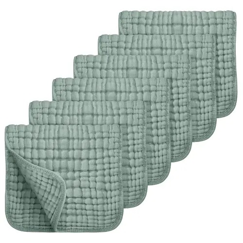 Looxii Muslin Burp Cloths 6 Pack - 20" x 10" - Ultra Soft & Absorbent, 6-Layer 100% Cotton for Spit Up & Drool- Gentle Baby Burping Cloth, Newborn Boys Girls Essentials, Dark Green