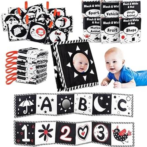 7PCS Black and White High Contrast Baby Toys - Newborn Toys 0 3 Months Brain Development - Soft Crinkle Books Tummy Time Toys - Infant Montessori Sensory Toys 0 6 12 Months Baby Boy Girl Gifts