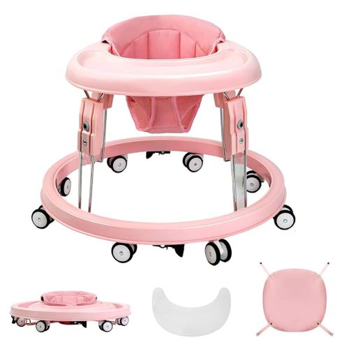 Baby Walker with Wheels, One-Touch Folding Baby Walkers, 7-Speed Height Adjustment with Large Dinner Plate, Anti-Roll 8-Wheel with Brake for 6-18 Months Baby, Full Pink