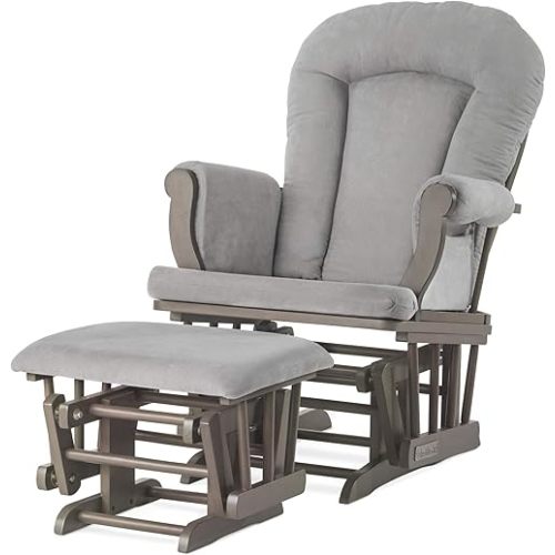 Child Craft Cozy Glider Rocker and Ottoman Set, Padded Cushion with Convenient Storage Pockets, Solid Wood Base & Frame (Dapper Gray with Light Gray Cushion)