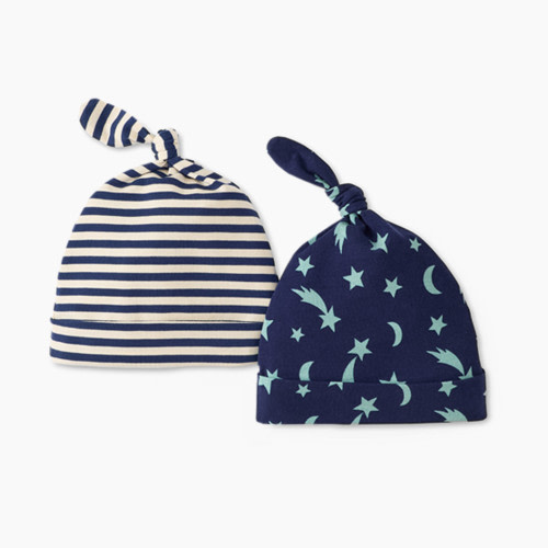 Hanna Andersson 2-Pack Baby Layette Top Knot Beanie in HannaSoft™ - Mini Shooting Stars, 0-3 M
