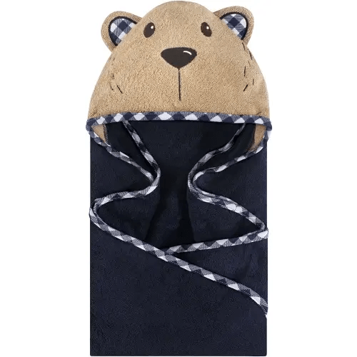 Hudson Baby Unisex Baby Cotton Animal Face Hooded Towel, Plaid Bear, One Size