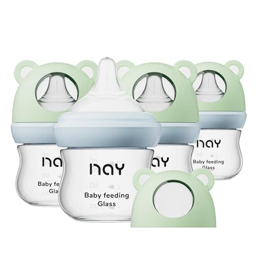 yanyoyo Natural Glass Baby Bottle for Breastfeeding Babies, 3oz Newborn Anti-Colic Baby Bottle with Slow Flow Nipples (SS), Clear, Wide Neck, 4 Pack, 0 Months+