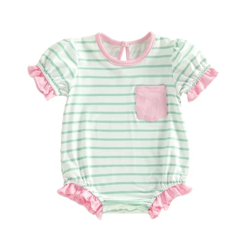 Twopumpkin Baby Girl Striped Bubble Romper Newborn Toddler Short Sleeve Ruffle Cotton Onesie Cute Summer Outfit Clothes