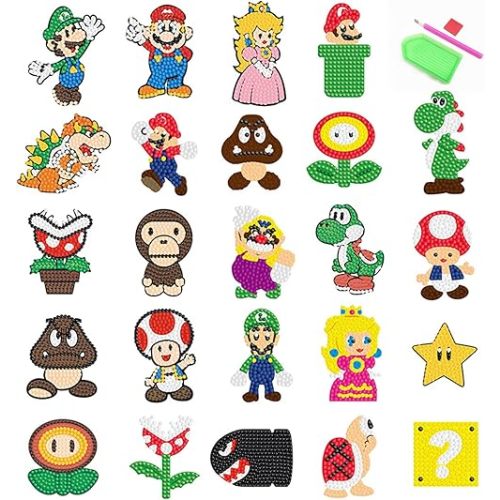 PICNICFUN Diamond Kits Stickers for Kids,24 PCS 5D DIY Cute Cartoon Characters and Animals Handmade Digital Paint Rhinestone Mosaic Sticker Making for Kids,Children Art Craft