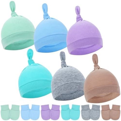 Cinaci 6 Sets Knot Turban Hats and No Scratch Mittens Caps Beanies Bonnets Gloves for 3-9M Baby Girls Boys Infants Toddlers