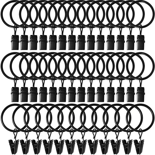 40 Pack Curtain Rings with Clips, Curtain Clip Rings Hooks, Bow Hanger Clips for Hanging Drapery Drapes Bows, Ring 1.26 inch Interior Diameter, Fits up to 1" Rod, Black