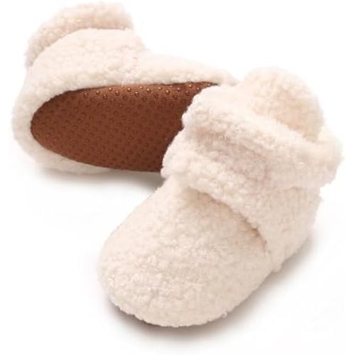 E-FAK Newborn Baby Cozy Fleece Booties with Grippers Winter Slippers Socks Soft Sole Stay On Infant First Walker Crib Shoes