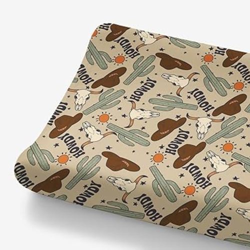 Western Cowboy Howdy Hat Cactus Changing Pad Cover for Baby Boys, Boho Wild West Cow Lover Sun Star Diaper Change Table Covers, Soft Stretchy Safe Snug Fitted Changing Mat Sheets Fit 32"/34" x 16"