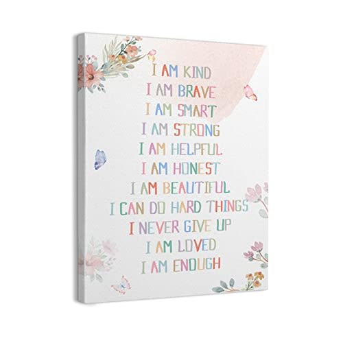 WODMIS Affirmation Wall Decor,I Am Kind Smart Brave Inspirational Framed Canvas Wall Art Decor 11×14,Watercolor Wall Decoration for Office Girls Room Prints Decor (pink1, 11x14)